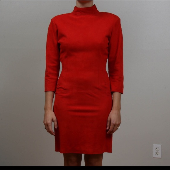 Vintage 1970s I. Magnin Firenze Red Lamb Suede Mockneck Sheath Cocktail Dress - Picture 2 of 10